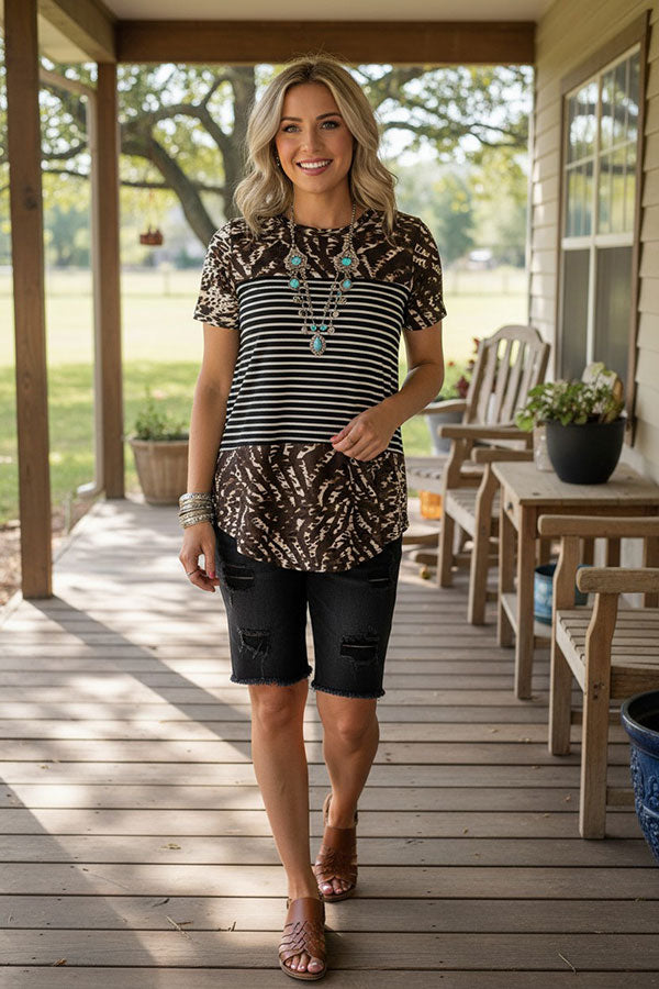 Western leopard & stripe short sleeve women's boutique top XCH11164