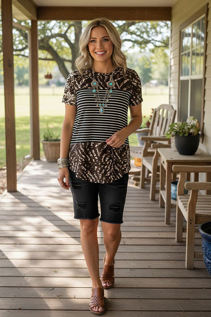 Western leopard & stripe short sleeve women's boutique top XCH11164