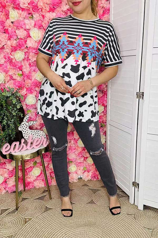 Women's top suppliers Stripes & Aztec and Cow prints w/short sleeve XCH11359