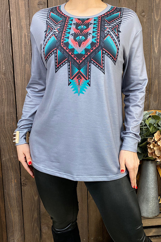 XCH11426 Grey Aztec printed long sleeve top