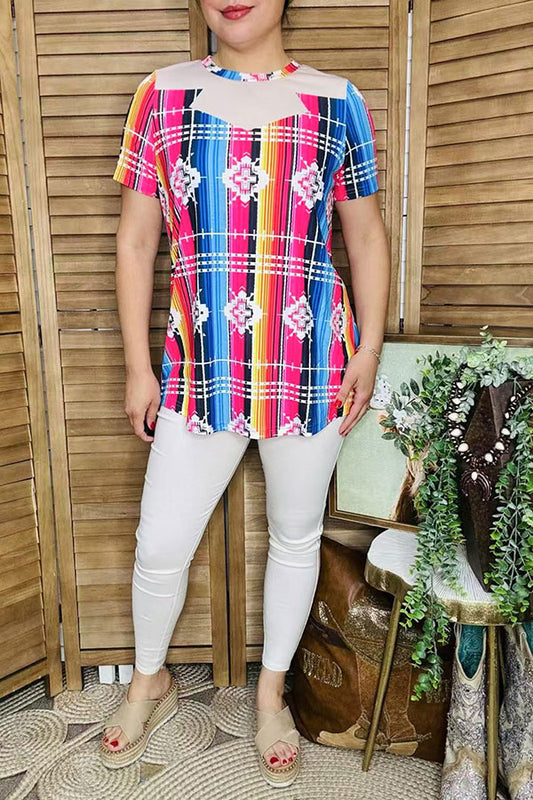 Western women t-shirt suppliers Serape/Aztec printed short sleeve top XCH11466