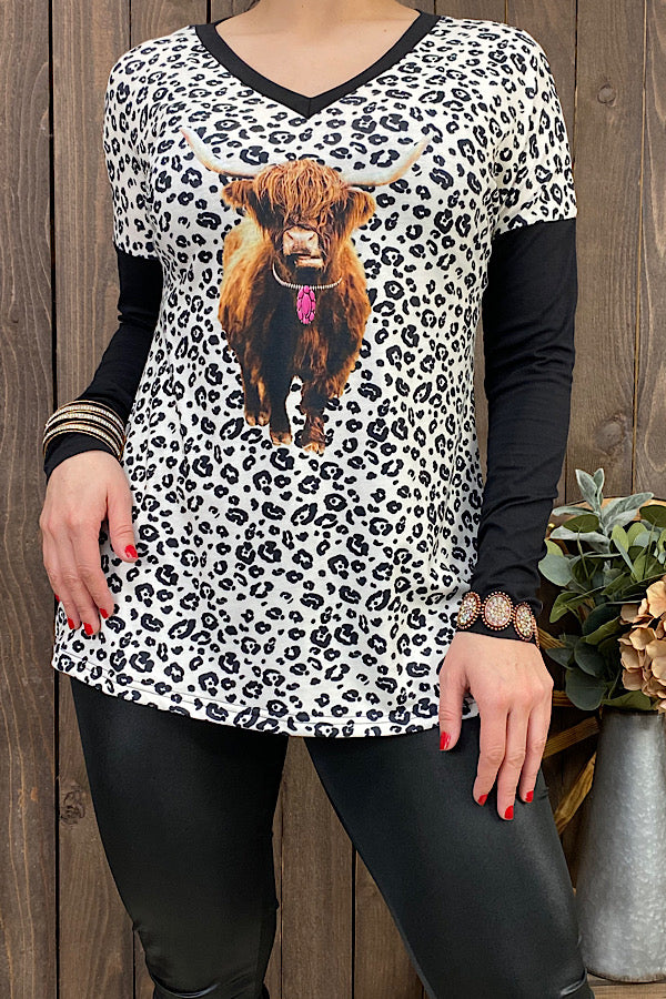 XCH11686 Leopard & cow printed long sleeve top