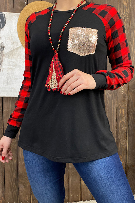 XCH11688 Black top w/buffalo plaid sleeves & gold sequin pocket