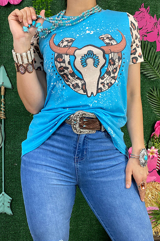 XCH11970  Blue horse shoe & bull skull leopard printed short sleeve t-shirt