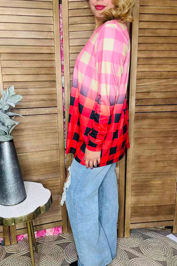 Christmas Buffalo plaid ombre long sleeve women top XCH12087