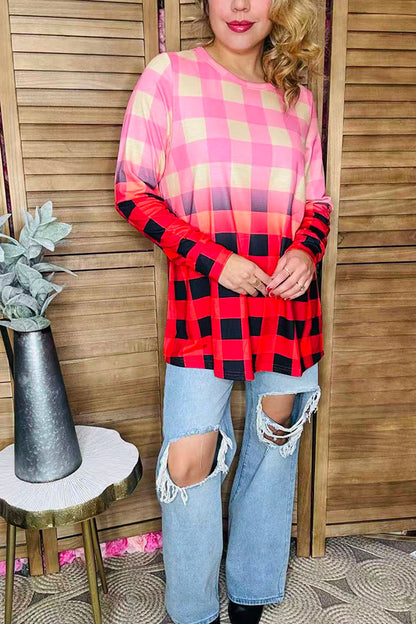 Christmas Buffalo plaid ombre long sleeve women top XCH12087