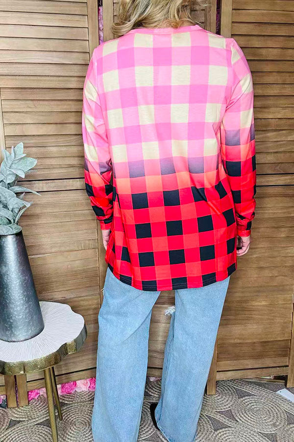 Christmas Buffalo plaid ombre long sleeve women top XCH12087