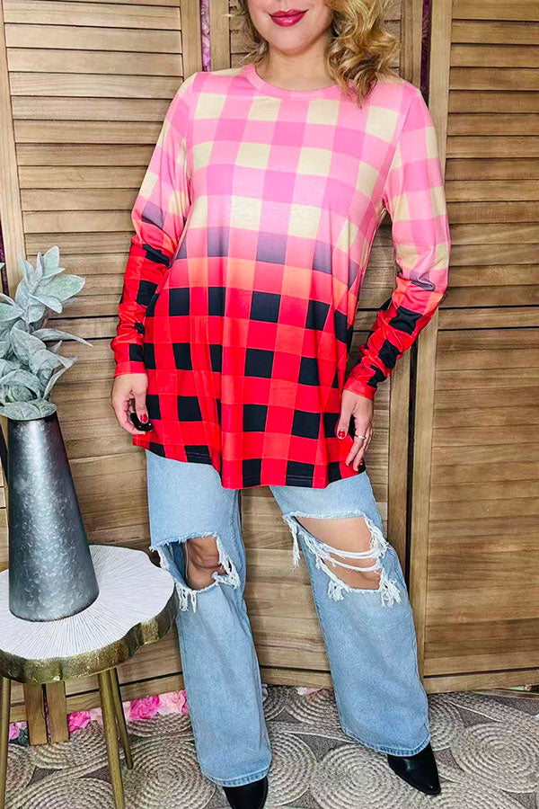 Christmas Buffalo plaid ombre long sleeve women top XCH12087