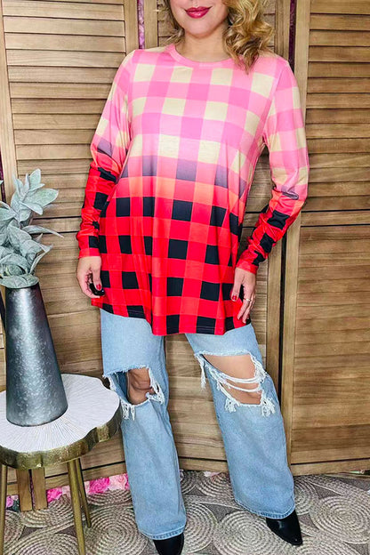 Christmas Buffalo plaid ombre long sleeve women top XCH12087