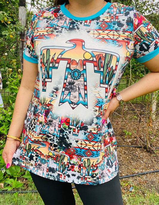 XCH12098 Thunder bird turquoise multi color printed short sleeve women t-shirt