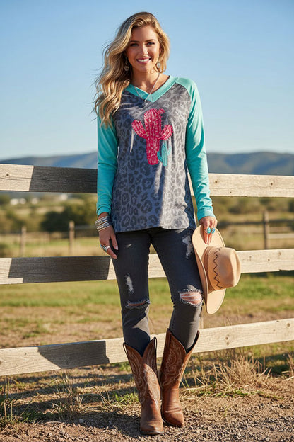 Western leopard & cactus print long sleeve women's boutique top w/v-neck XCH12111
