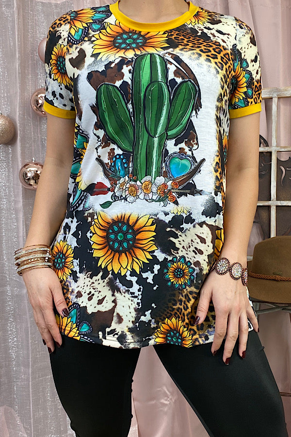 XCH12215 Cactus & sunflower cow printed t-shirt