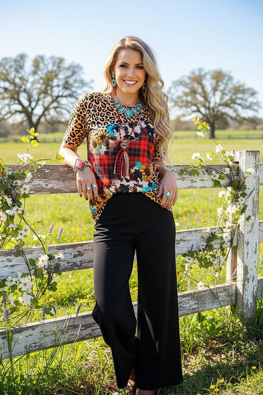 XCH12292 Leopard ,plaid & sunflower printed short sleeve women top