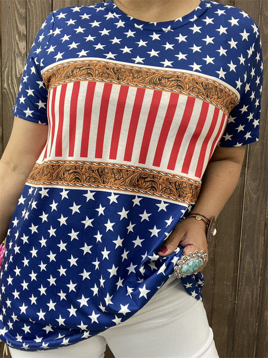 XCH12294 Stars USA tooled paisley blue multi color printed short sleeve women top