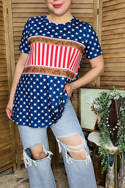 T-shirt wholesale USA Blue stars & paisley & stripes & short sleeve women top XCH12294