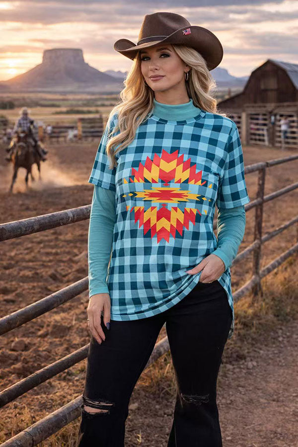 T-shirt suppliers Blue checkered & aztec printed short sleeve women tops XCH12304