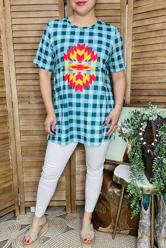 T-shirt suppliers Blue checkered & aztec printed short sleeve women tops XCH12304