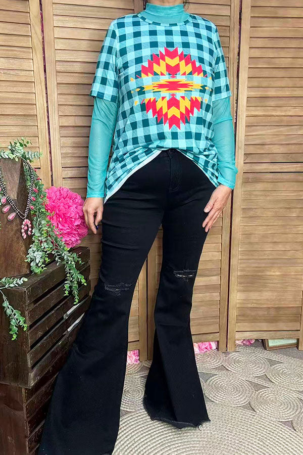 T-shirt suppliers Blue checkered & aztec printed short sleeve women tops XCH12304