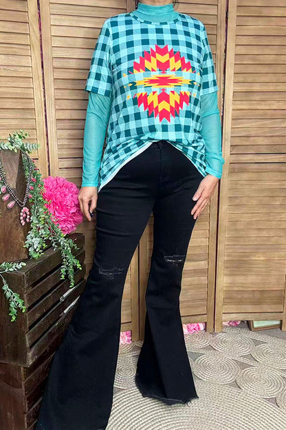 T-shirt suppliers Blue checkered & aztec printed short sleeve women tops XCH12304