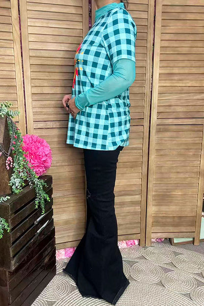 T-shirt suppliers Blue checkered & aztec printed short sleeve women tops XCH12304