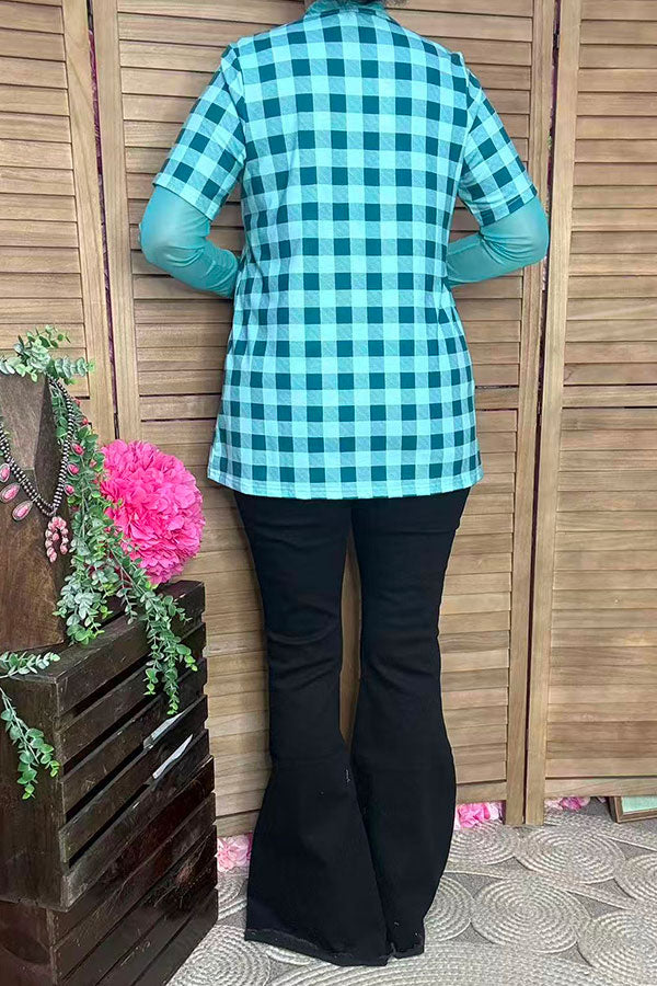 T-shirt suppliers Blue checkered & aztec printed short sleeve women tops XCH12304