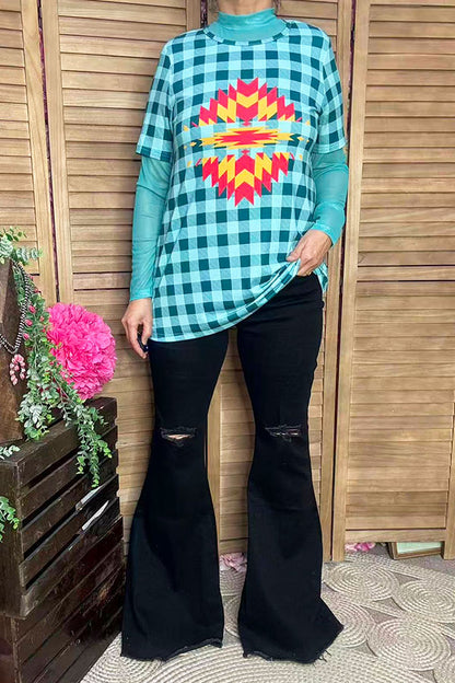 T-shirt suppliers Blue checkered & aztec printed short sleeve women tops XCH12304