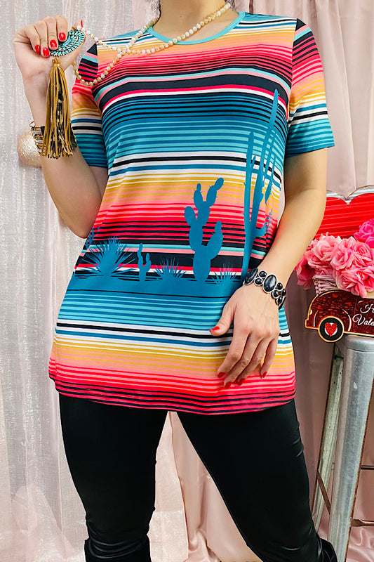 XCH12308 Multi color serape & cactus printed short sleeve top