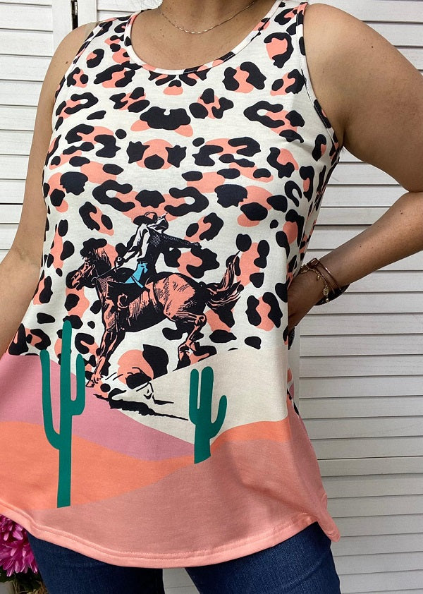 XCH12425 Cowboy riding horse leopard&cactus multi color printed women tank top