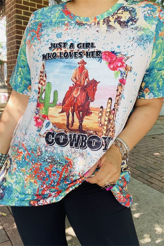 XCH12442 JUST A GIRL WHO LOVES HER COWBOY hiding horse multi color printed short sleeve women tops