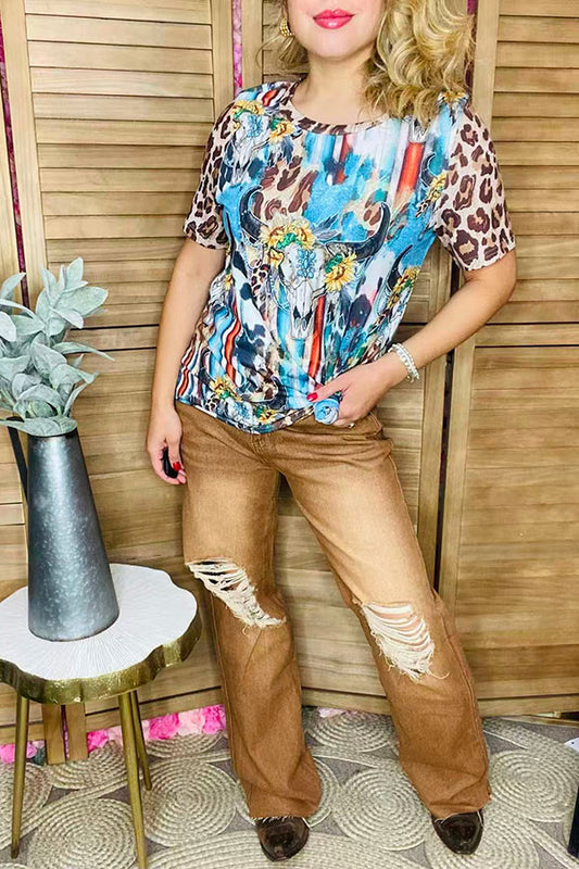 Plus size Bull skull & sunflower printed leopard short sleeve women tops XCH12468