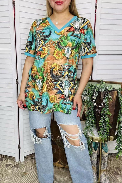 Women's  t-shirt suppliers Turquoise bull skull & Aztec printed short sleeve top XCH12473 (GS8)