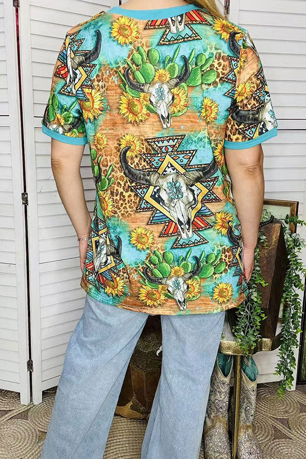 Women's  t-shirt suppliers Turquoise bull skull & Aztec printed short sleeve top XCH12473 (GS8)