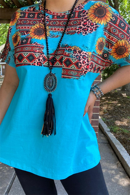 XCH12481 Sunflower &Aztec multi color printed Turquoise short sleeves women tops