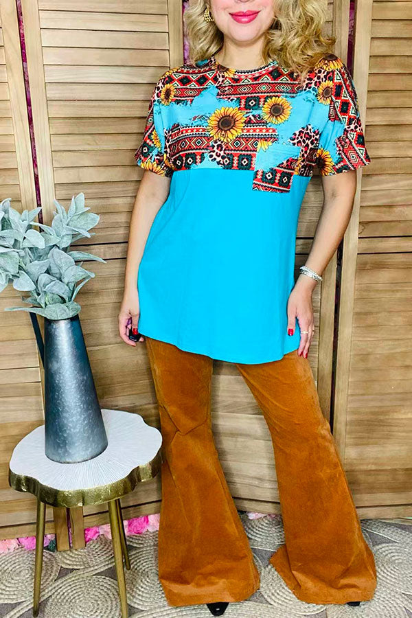 Sunflower &Aztec multi color printed Turquoise short sleeves women tops XCH12481