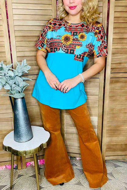 Sunflower &Aztec multi color printed Turquoise short sleeves women tops XCH12481