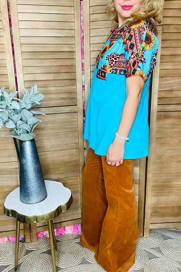 Sunflower &Aztec multi color printed Turquoise short sleeves women tops XCH12481