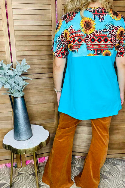 Sunflower &Aztec multi color printed Turquoise short sleeves women tops XCH12481
