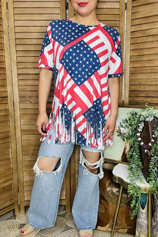 Plus size T-shirt vendors USA flag red stripe & blue star printed w/tassels short sleeve XCH12564