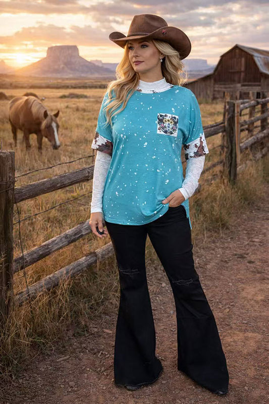 XCH13014 Blue splash bull skull cow printed short sleeve women top