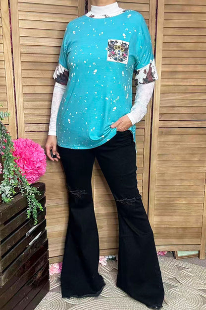XCH13014 Blue splash bull skull cow printed short sleeve women top