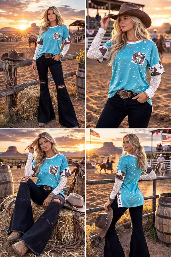 XCH13014 Blue splash bull skull cow printed short sleeve women top
