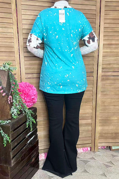 XCH13014 Blue splash bull skull cow printed short sleeve women top