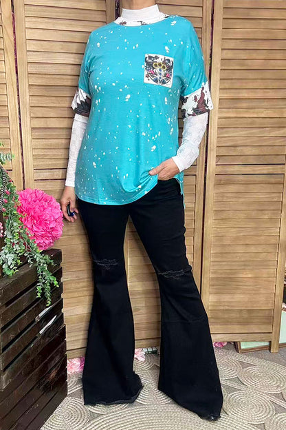 XCH13014 Blue splash bull skull cow printed short sleeve women top