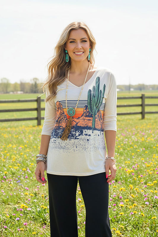 XCH13019 Cactus Western beige 3/4 sleeve v-neck women top
