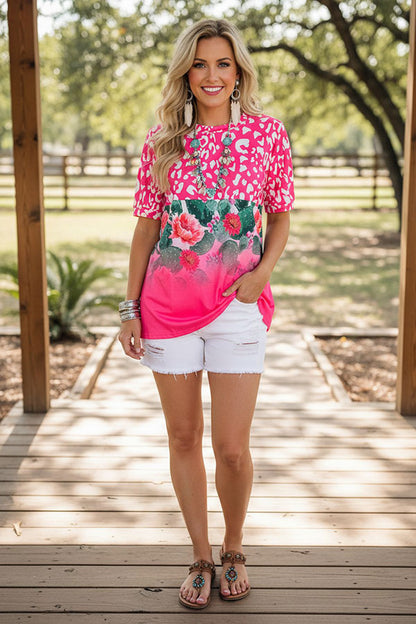 Western pink leopard short sleeve women's boutique top Southern Stitch XCH13057