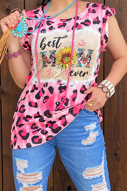 XCH13067 Best mom ever pink leopard printed short sleeve women top