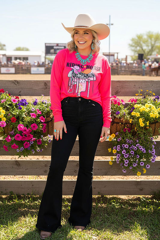 Western Valentine RIDING HORSE printed hot pink long sleeve women top XCH13185