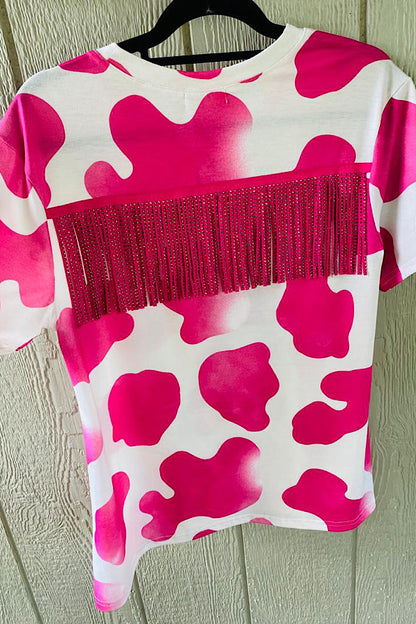 XCH13278 White & pink cow printed top w/back fringe tassels