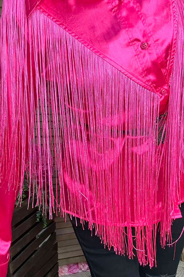 Western Pink button up long sleeve blouse w/fringe tassels XCH13345