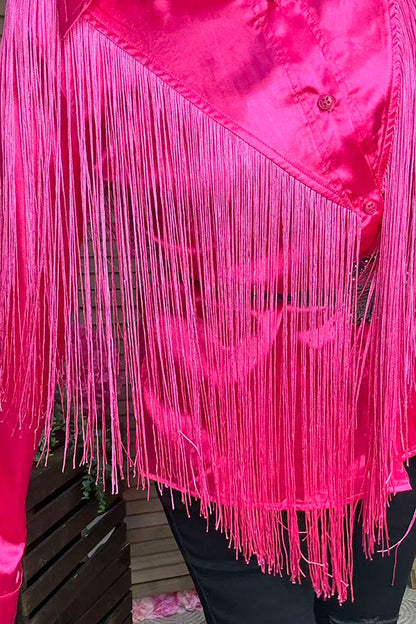 Western Pink button up long sleeve blouse w/fringe tassels XCH13345